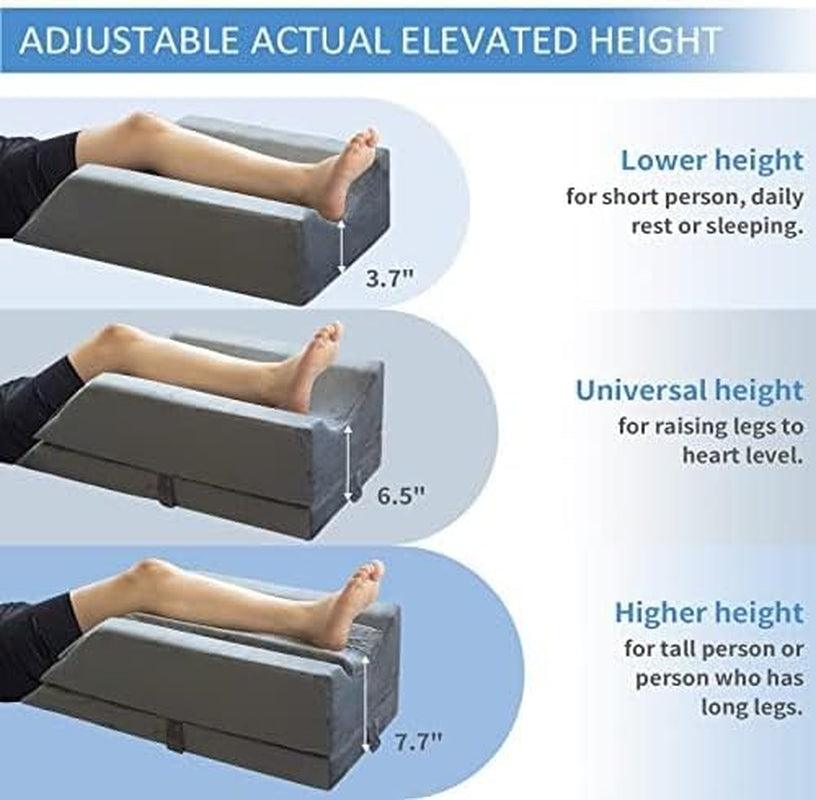 4-Height Adjustable Leg Elevation Pillows for after Surgery, Injuries, or Rest, Memory Foam Leg Pillows for Sleeping with 3 Handles and Insert Pad, Washable Velvet Cover