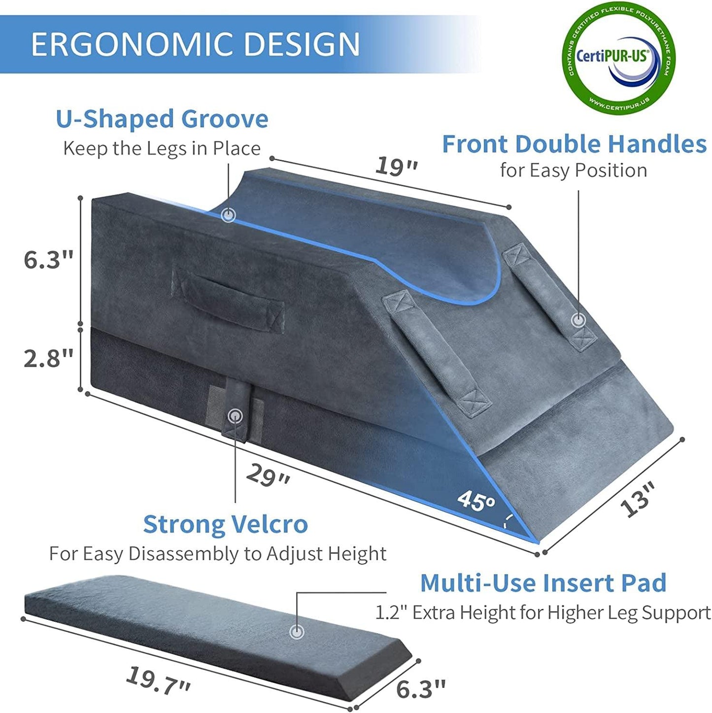 4-Height Adjustable Leg Elevation Pillows for after Surgery, Injuries, or Rest, Memory Foam Leg Pillows for Sleeping with 3 Handles and Insert Pad, Washable Velvet Cover